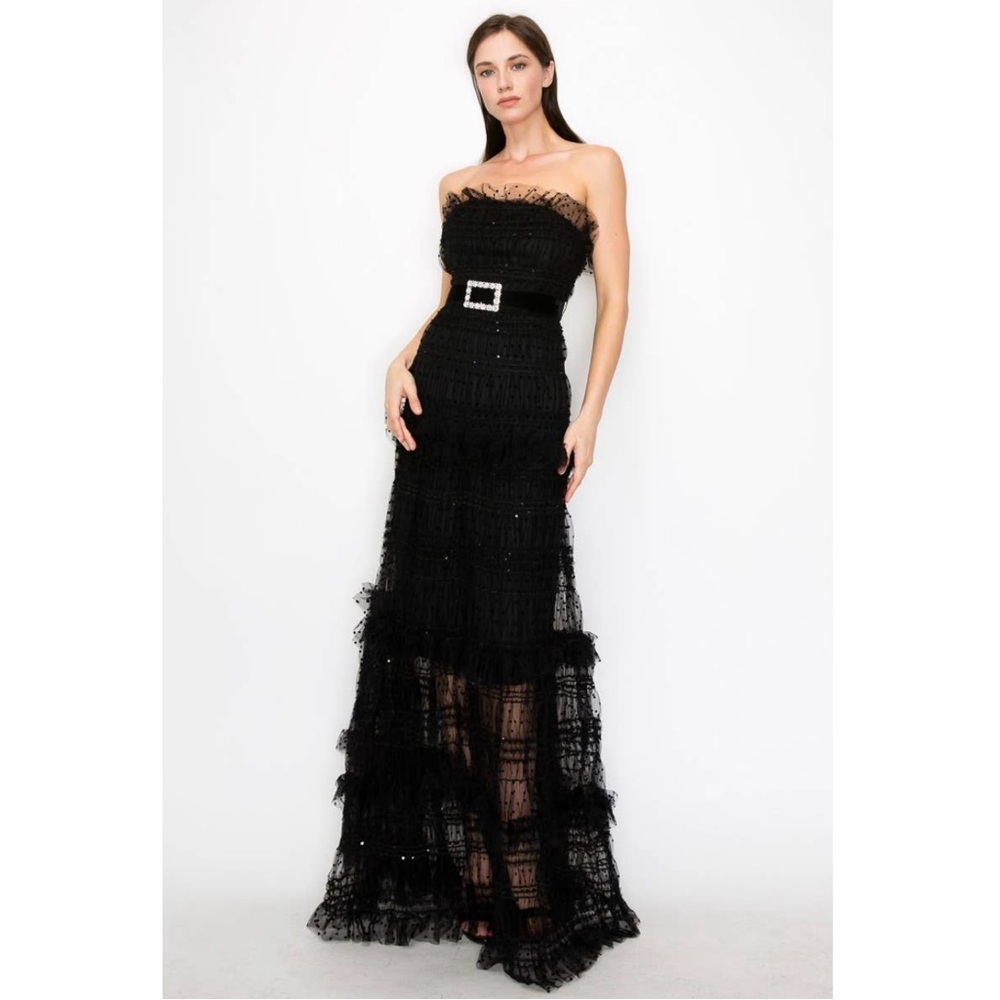 NWT Boutique Zina Black Strapless Tulle Tiered Maxi Gown